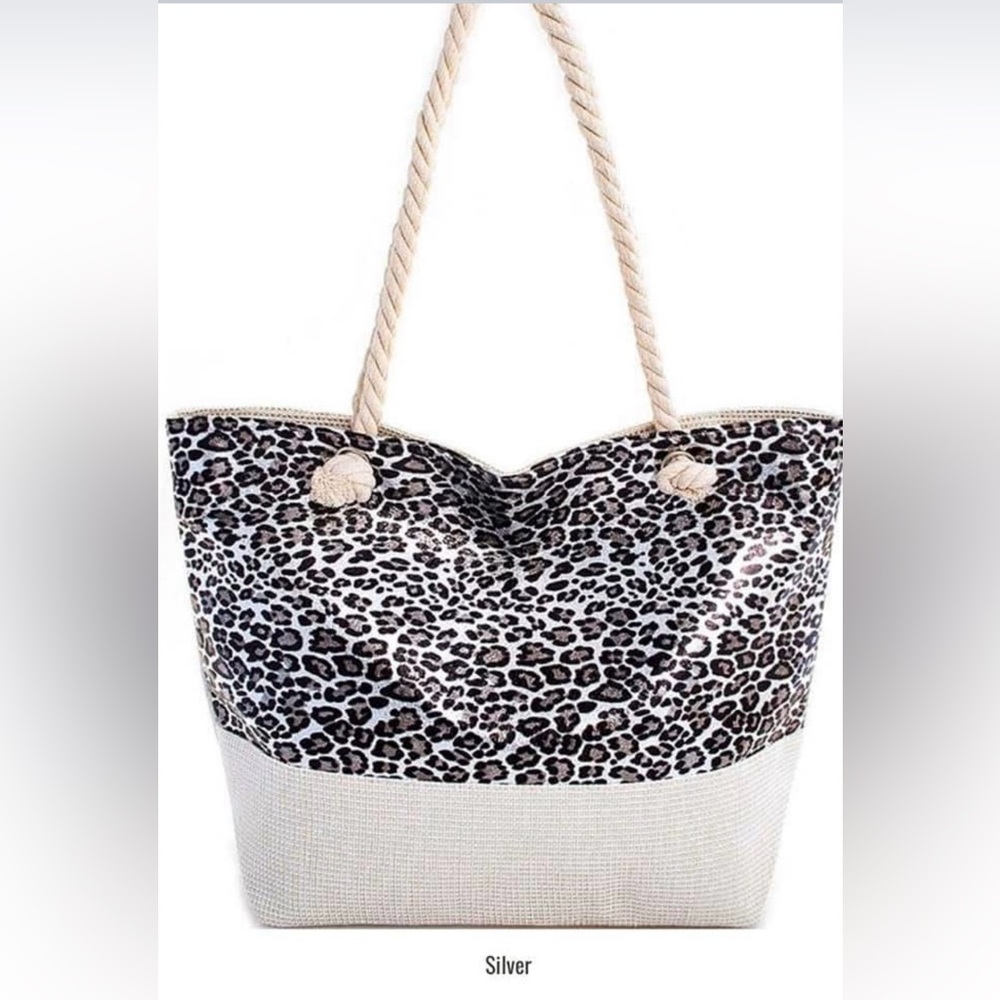 Leopard Print Silver Beach Tote Bag. 100% PVC/Polyester.